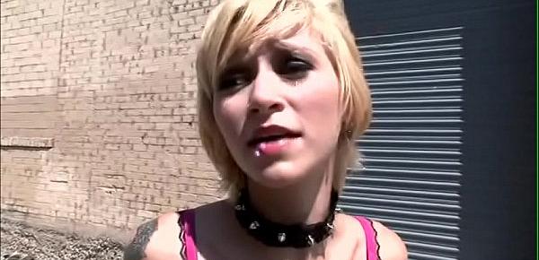  Malnourished blonde goth girl Miss Kitty was caught by angry pusher who had been g-spot in debt